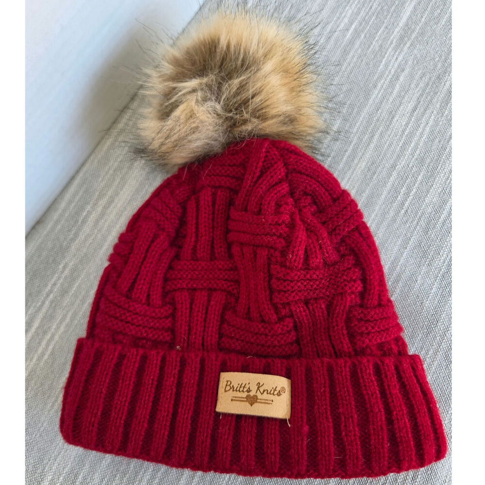 Maroon Britt's Knits Classics Plush Knit Beanie Basketweave Soft Fur Pom Cozy
